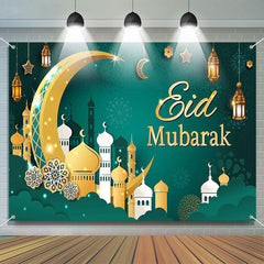 Lofaris Gold Crescent Green Pattern Eid Mubarak Backdrop