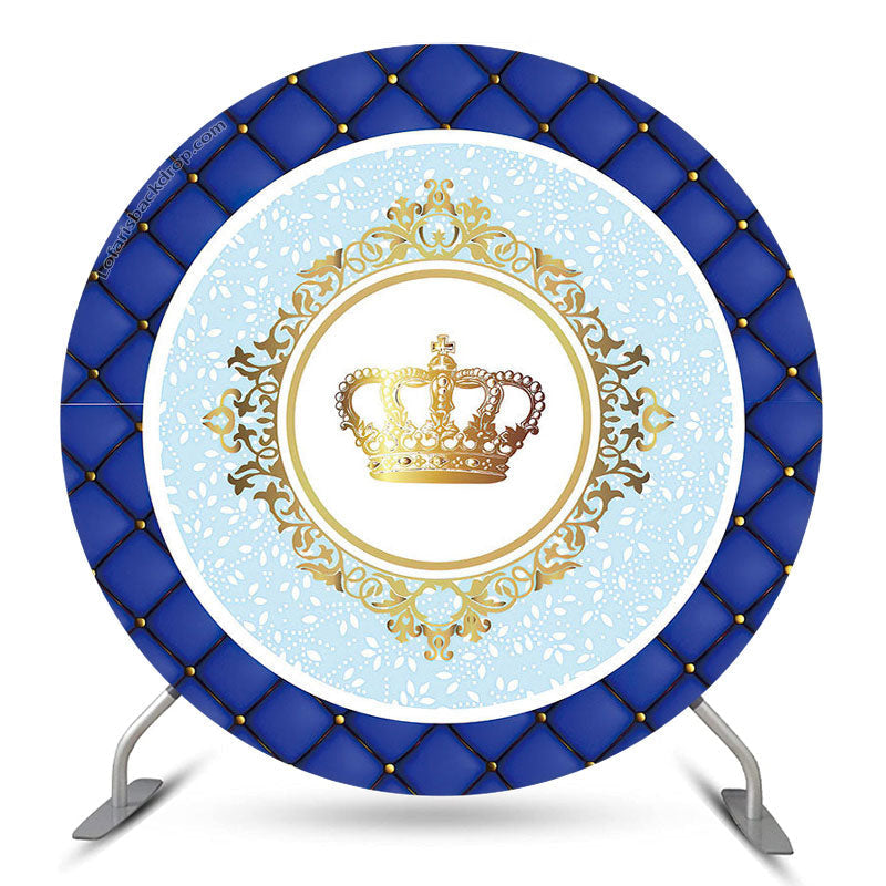 Lofaris Gold Crown Blue Birthday Party Round Backdrop Cover