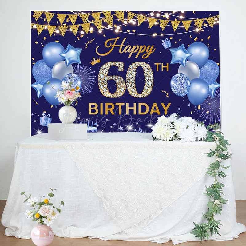 Lofaris Gold Flags Blue Happy 60th Birthday Backdrop