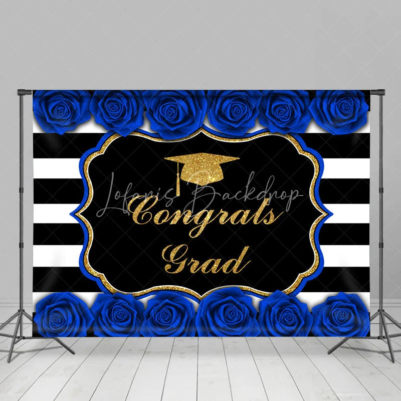 Lofaris Gold Glitter Blue Roses Congrats Graduation Backdrop