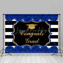 Lofaris Gold Glitter Blue Roses Congrats Graduation Backdrop