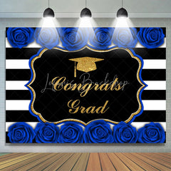 Lofaris Gold Glitter Blue Roses Congrats Graduation Backdrop