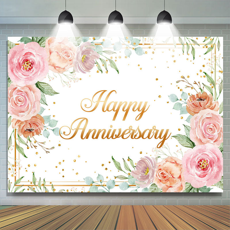 Lofaris Gold Glitter Floral White Happy Anniversary Backdrop
