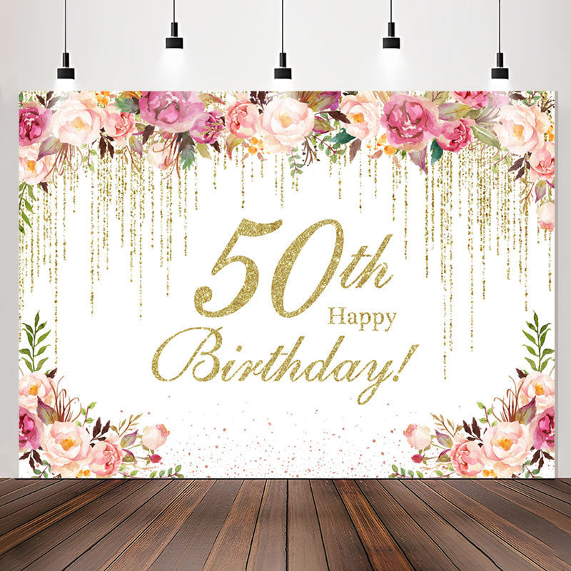 Lofaris Gold Glitter Flower 50th Birthday Backdrop For Women