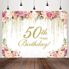 Lofaris Gold Glitter Flower 50th Birthday Backdrop For Women