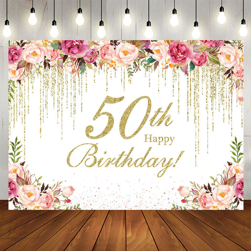 Lofaris Gold Glitter Flower 50th Birthday Backdrop For Women