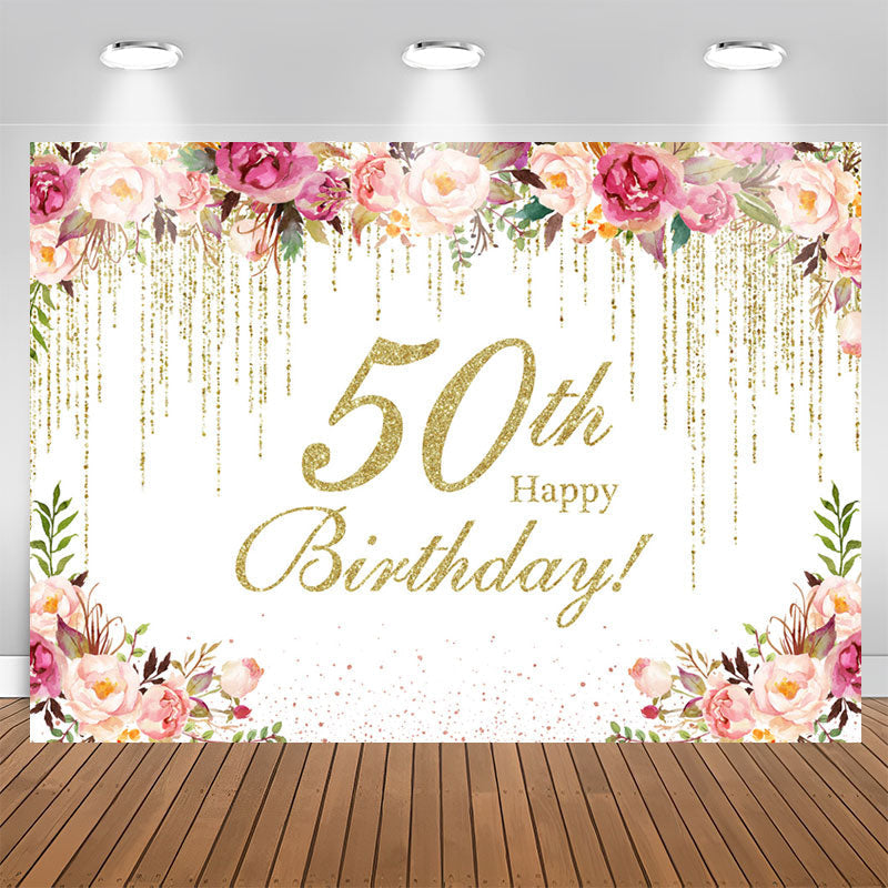 Lofaris Gold Glitter Flower 50th Birthday Backdrop For Women