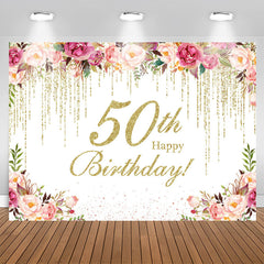 Lofaris Gold Glitter Flower 50th Birthday Backdrop For Women