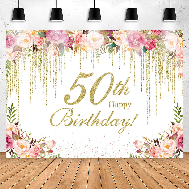 Lofaris Gold Glitter Flower 50th Birthday Backdrop For Women