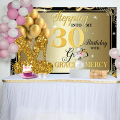 Lofaris Gold Glitter Heels Stepping into 30th Birthday Backdrop