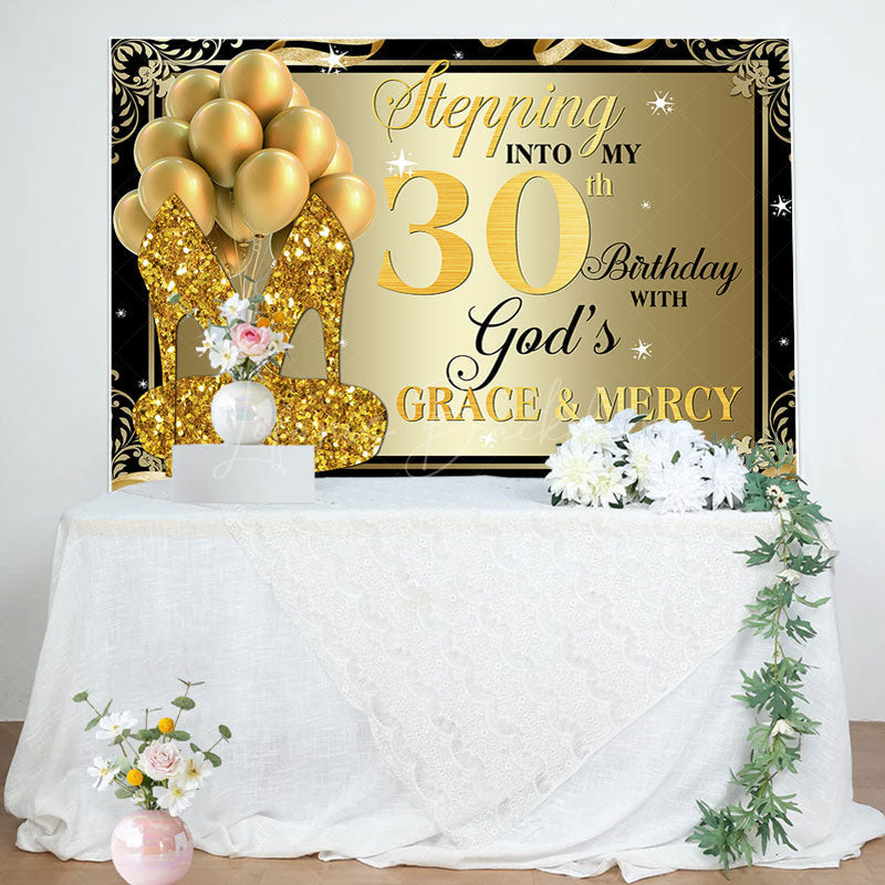 Lofaris Gold Glitter Heels Stepping into 30th Birthday Backdrop