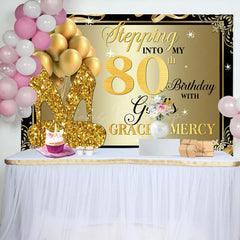 Lofaris Gold Glitter Heels Stepping into 80th Birthday Backdrop