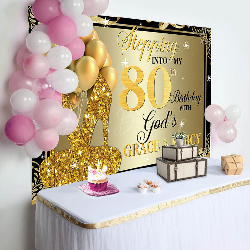 Lofaris Gold Glitter Heels Stepping into 80th Birthday Backdrop