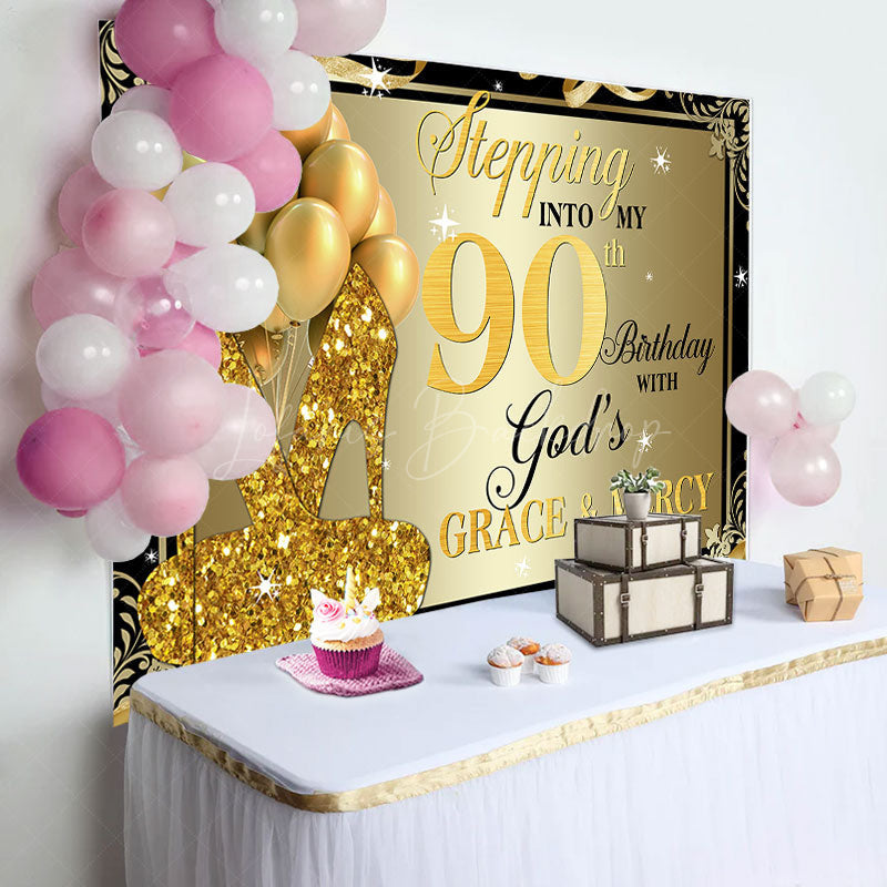 Lofaris Gold Glitter Heels Stepping into 90th Birthday Backdrop
