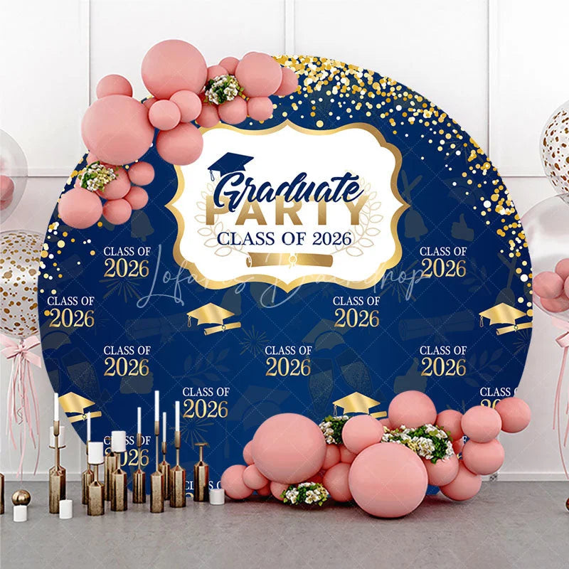 Lofaris Gold Glitter Navy Blue Round Graduation Party Backdrop
