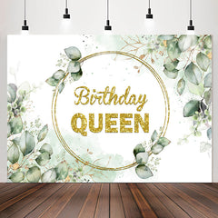 Lofaris Gold Glitter Queen Green Leave Birthday Backdrop