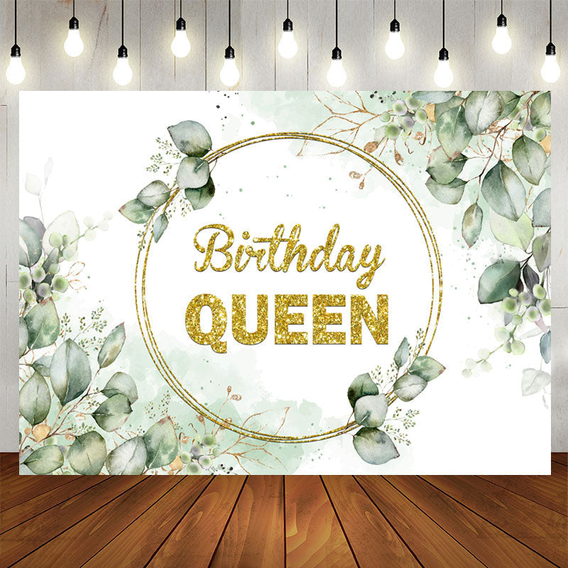 Lofaris Gold Glitter Queen Green Leave Birthday Backdrop