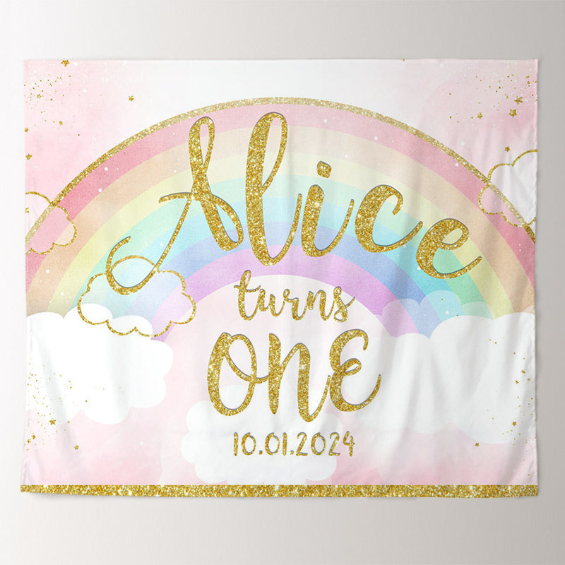 Lofaris Gold Glitter Rainbow Pink Custom 1st Birthdy Backdrop
