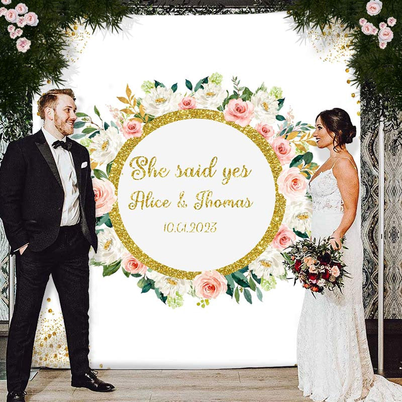 Lofaris Gold Glitter She Said Yes Pink Floral Wedding Backdrop