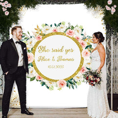 Lofaris Gold Glitter She Said Yes Pink Floral Wedding Backdrop