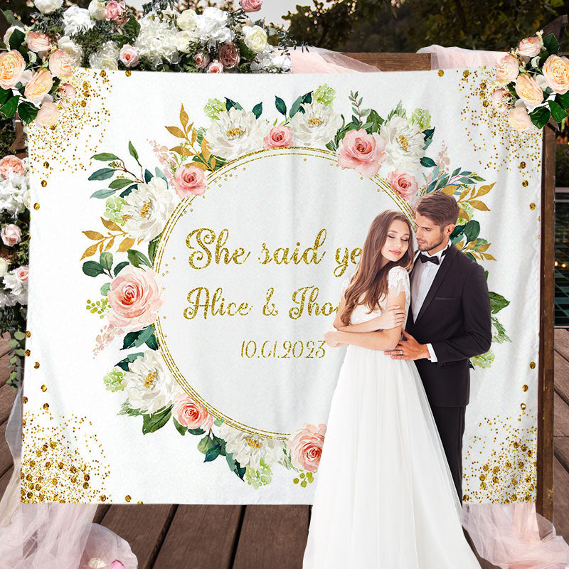 Lofaris Gold Glitter She Said Yes Pink Floral Wedding Backdrop