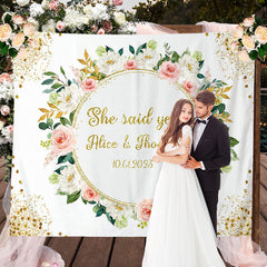 Lofaris Gold Glitter She Said Yes Pink Floral Wedding Backdrop