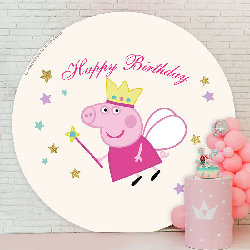 Lofaris Gold Glitter Star Round Piggy Fairy Birthday Backdrop
