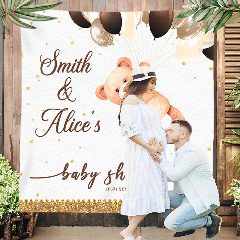 Lofaris Gold Glitter Teddy Bear Grey Custom Baby Shower Backdrop