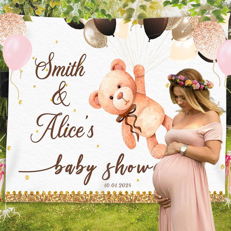 Lofaris Gold Glitter Teddy Bear Grey Custom Baby Shower Backdrop