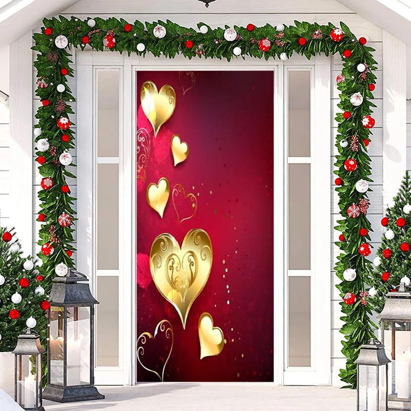 Lofaris Gold Heart Wine Red Bokeh Valentines Day Door Cover