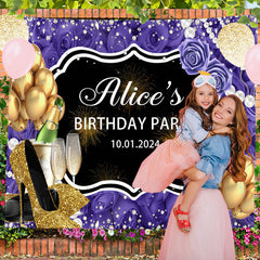 Lofaris Gold Heel Balloon Purple Rose Custom Birthday Backdrop