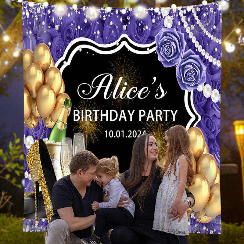 Lofaris Gold Heel Balloon Purple Rose Custom Birthday Backdrop