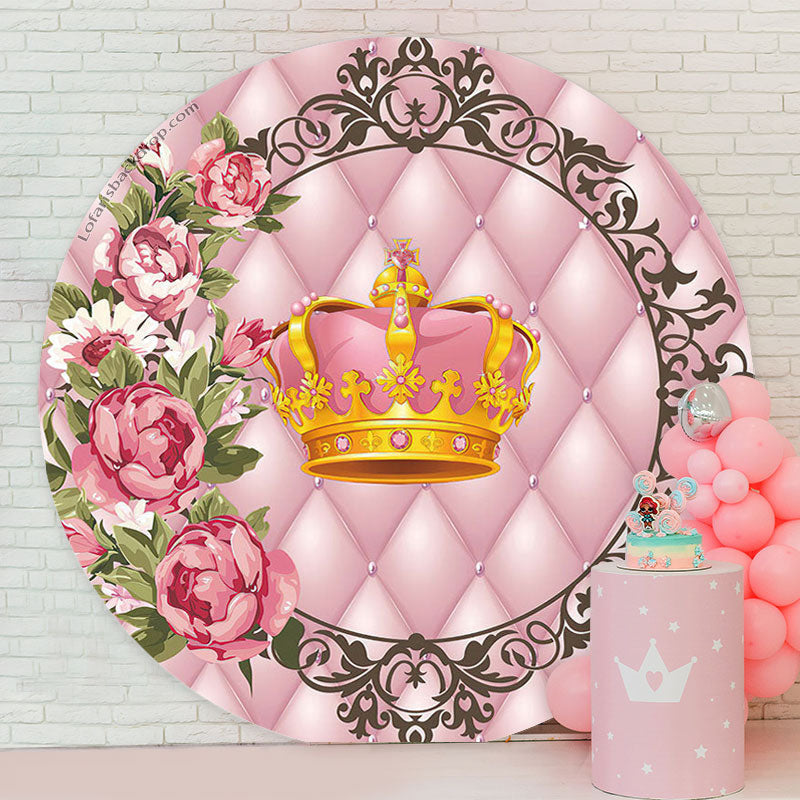 Lofaris Gold Pink Crown Floral Birthday Round Backdrop Cover