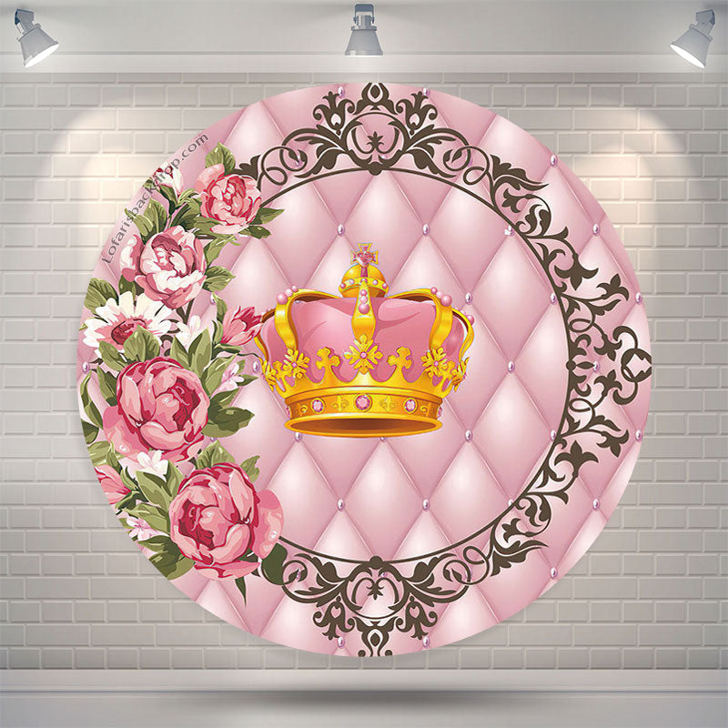 Lofaris Gold Pink Crown Floral Birthday Round Backdrop Cover