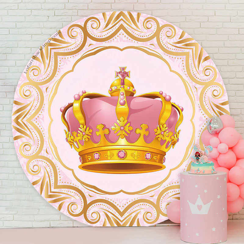 Lofaris Gold Pink Crown Princess Birthday Round Backdrop
