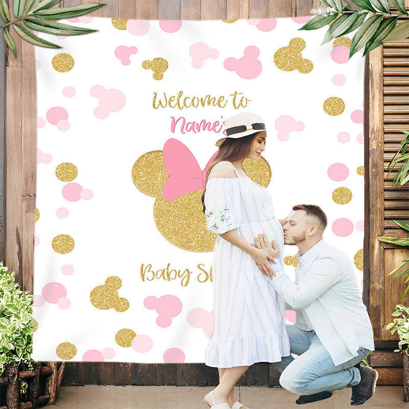 Lofaris Gold Pink Mouse Girls Custom Baby Shower Backdrop