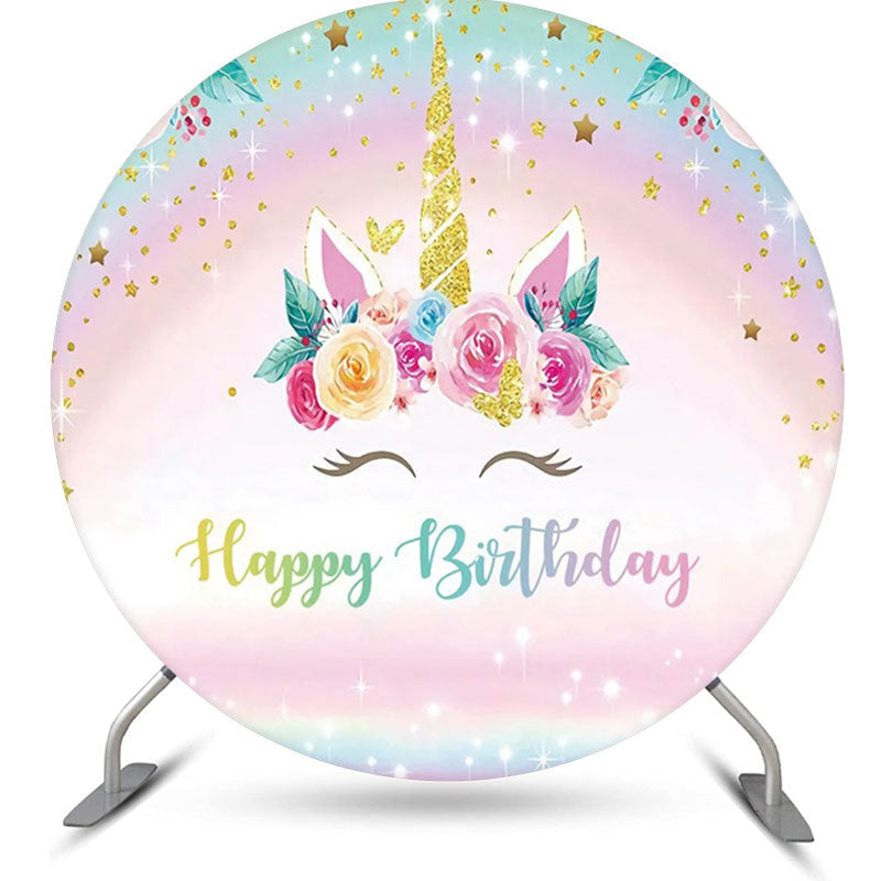 Lofaris Gold Rainbow Unicorn Floral Round Birthday Backdrop