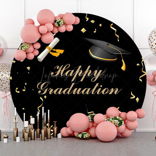 Lofaris Gold Ribbon Bachelor Cap Black Round Graduation Backdrop