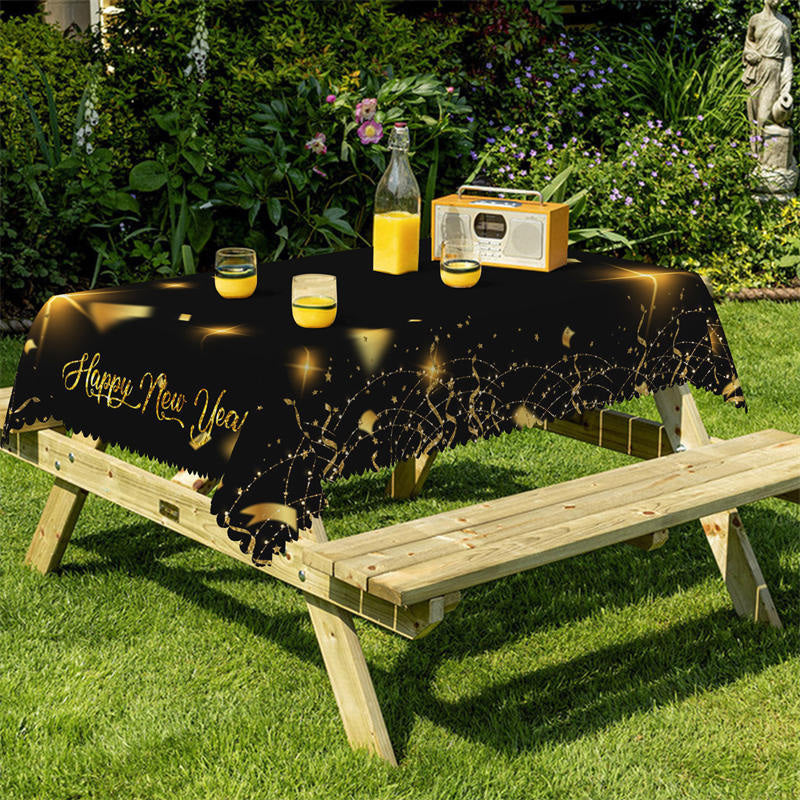 Lofaris Gold Ribbons Bokeh Black Happy New Year Tablecloth