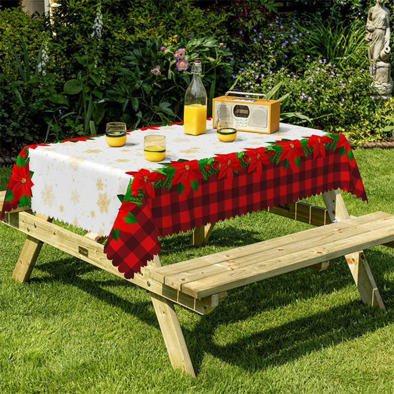 Lofaris Gold Snowflake Red Floral Plaid Christmas Tablecloth