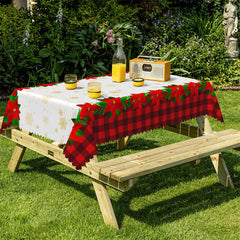 Lofaris Gold Snowflake Red Floral Plaid Christmas Tablecloth
