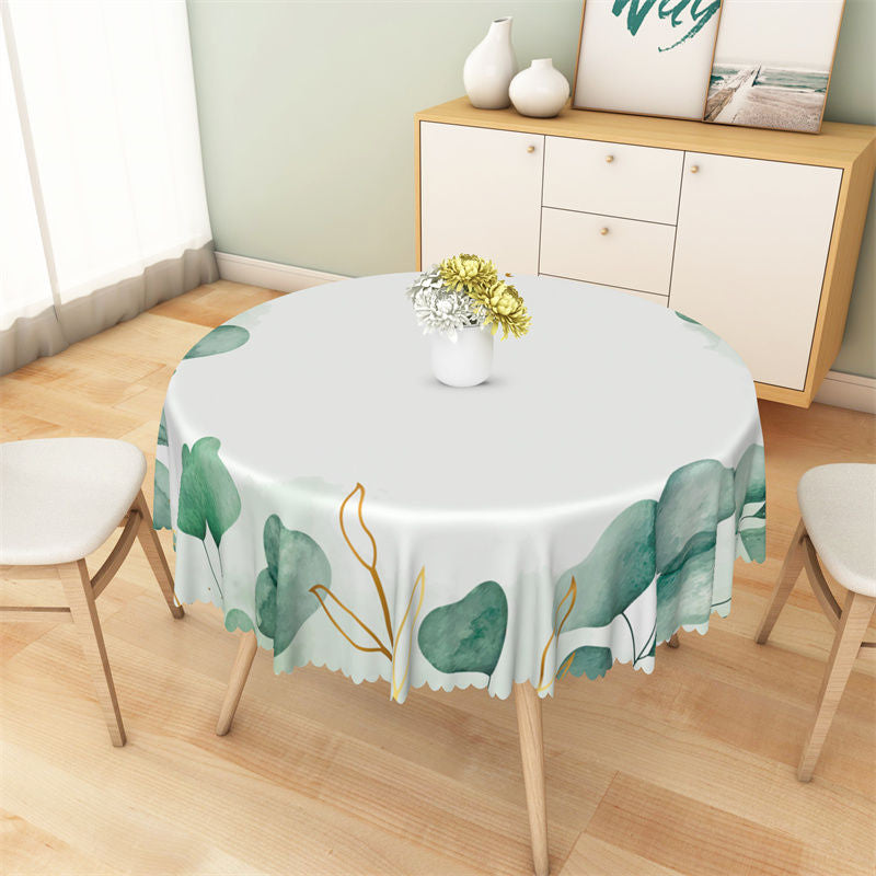 Lofaris Gold Watercolor Dark Green Leaves Round Tablecloth