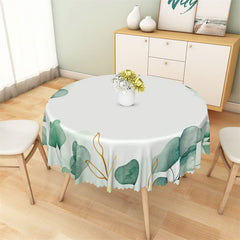 Lofaris Gold Watercolor Dark Green Leaves Round Tablecloth