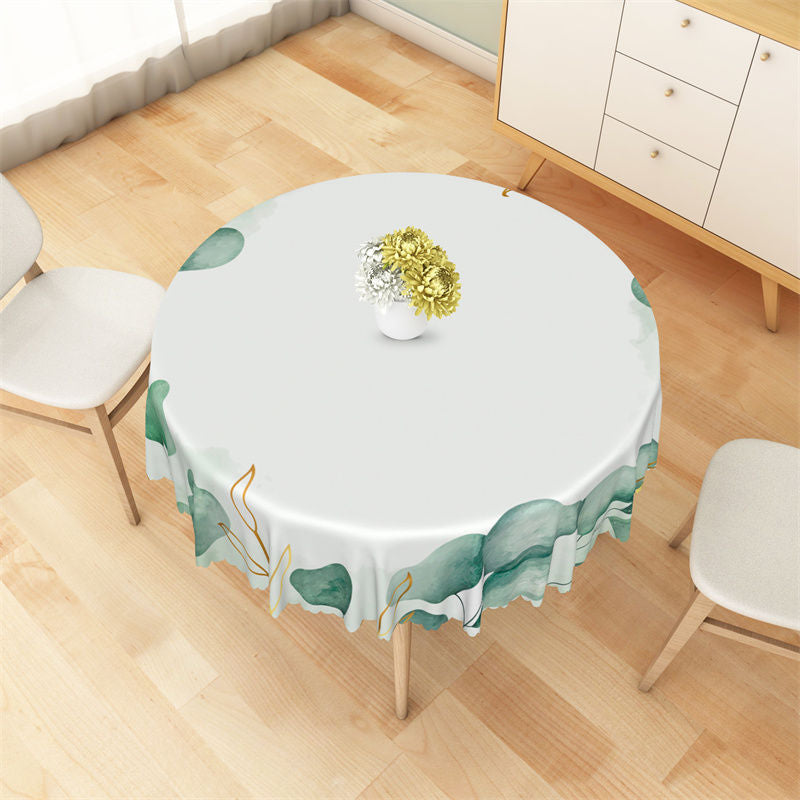 Lofaris Gold Watercolor Dark Green Leaves Round Tablecloth