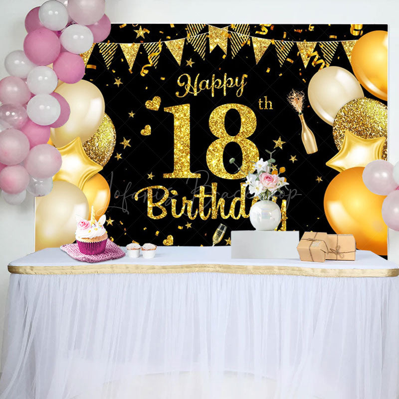 Lofaris Golden Balloon Flag Sparkles 18th Birthday Backdrop