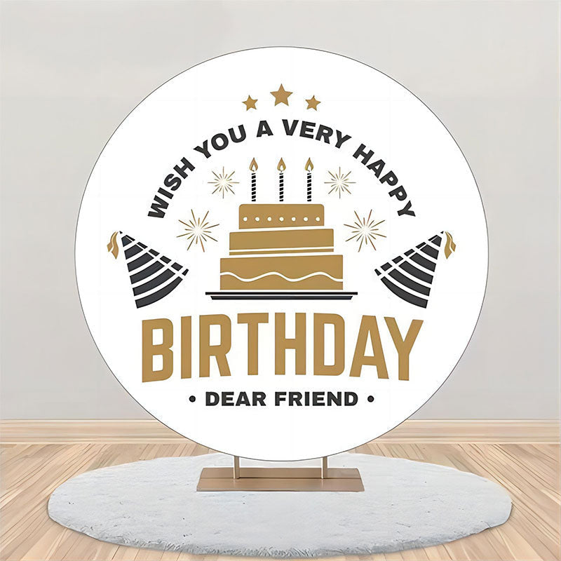 Lofaris Golden Cake Black Hat Stars Round Birthday Backdrop