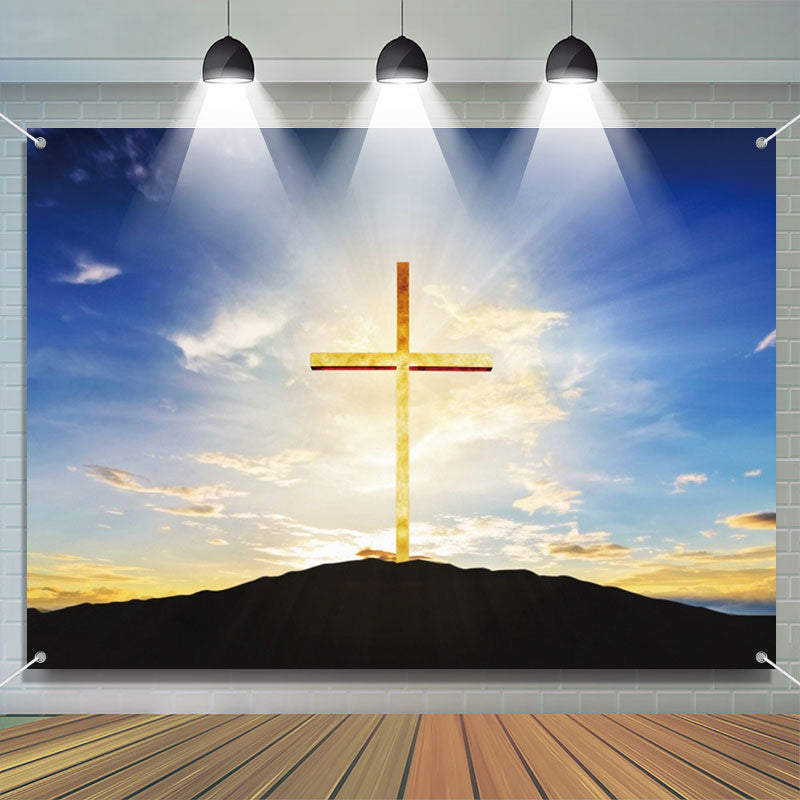 Lofaris Golden Cross Mountain Sunrise Sky Baptism Backdrop