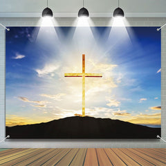 Lofaris Golden Cross Mountain Sunrise Sky Baptism Backdrop