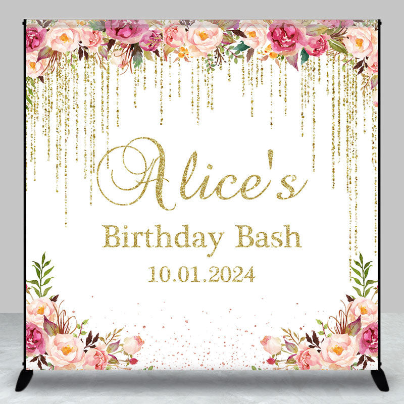 Lofaris Golden Tassels Pink Floral Custom Birthday Backdrop