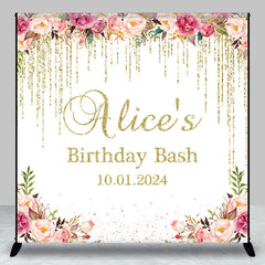 Lofaris Golden Tassels Pink Floral Custom Birthday Backdrop